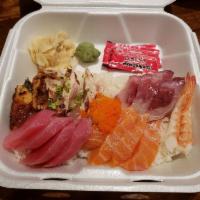 Chirashi Bowl Special · Assorted sashimi over rice. Fresh salmon, tuna, yellowtail, albacore, broiled eel, scallop, ...