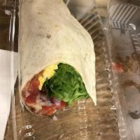 Breakfast Wrap · Served with bacon, pepper jack, egg, lettuce, onion, tomato and Andy’s bueno salsa.