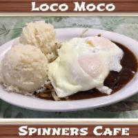 Loco Moco · Two eggs a top two hamburger patties topped with grilled mushrooms and onions smothered in b...