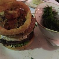 Messy Burger · CAB burger patty, lettuce, tomato, bacon jam, jalapeno, mozzarella, fried eggs, onion rings.
