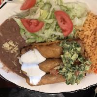 Flautas · 3 crisp, rolled tortillas, stuffed with meat, sour cream and guacamole. Served with rice and...