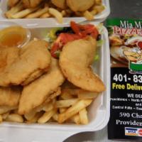 Chicken Finger Dinner · 5 pieces. Served with rice and French fries , salad, dinner roll and choice of sauce.