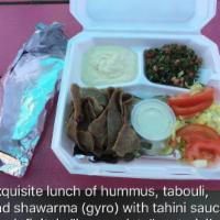 Shawarma Gyro Plate with Tabouli and Hummus · Gyro meat slices, hummus, tabouli, lettuce, tomatoes, tahini sauce and pita bread.