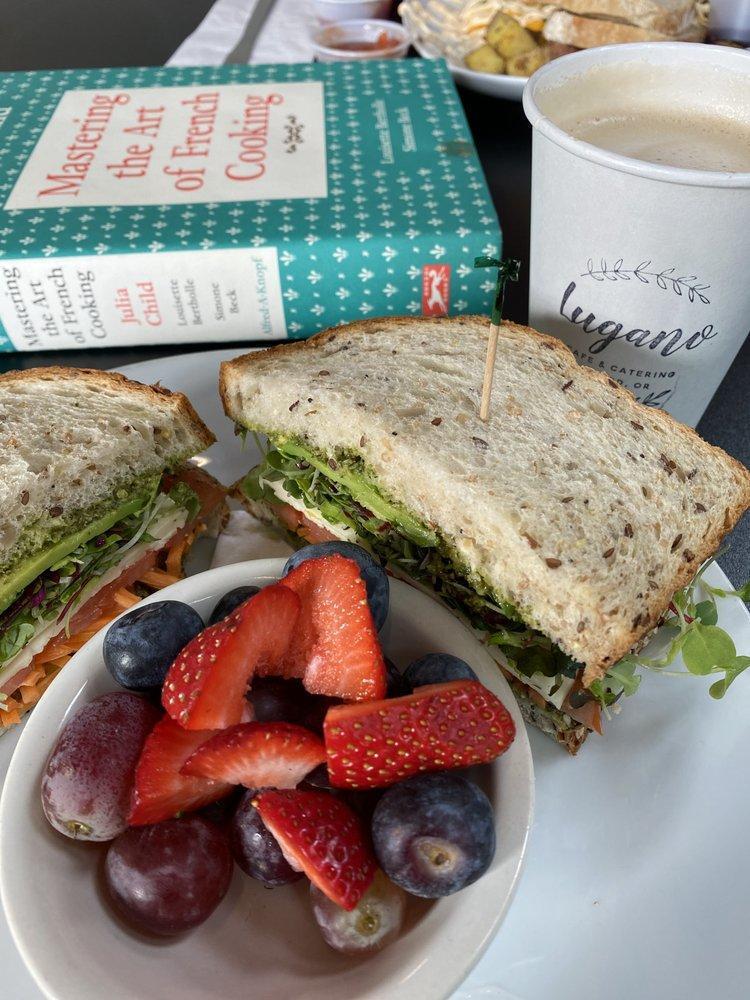 Veggie Sandwich · Havarti cheese, avocado, micro greens, pesto, fresh tomato, carrots and everything bagel seasoning on whole grain wheat. Served with chips, side salad and fresh fruit.