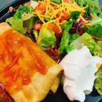 Chimichanga · Flour tortilla filled with your choice of chicken, picadillo, ground beef or pork chile verd...