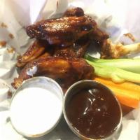 Smoked Wings · Hickory Smoked wings of choice of house-made Buffalo or spicy BBQ sauce.