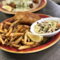 Fish and Chips · Lightly battered cod, fries and coleslaw