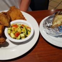 Fresh Fried Chicken Dinner · A 1/2 chicken double battered and fresh fried to be crispy on the outside and juicy on the i...