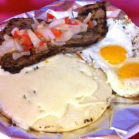 Madrugon · Early morn. Grilled steak, pico de gallo, arepa with mozzarella cheese topping and 2 eggs co...