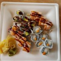 Snowman Roll · Spicy California roll topped with seared salmon, spicy mayo, and eel sauce. No soy paper, ca...