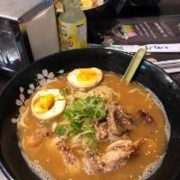 Grilled Chicken Ramen Noodle Soup · Marinated grill chicken, egg, corn, seaweed and Ramen noodles.