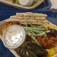 Chicken Kabob Plate · 2 skewers of charbroiled seasoned chunks of chicken breast. Served with pita bread and choic...