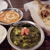 Saag · Shredded and creamed spinach slow cooked with your choice of Paneer cheese, chana, potatoes ...