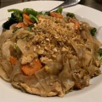 Pad See Ew · Fresh wide rice noodles are pan-fried with eggs and broccoli and flavored with dark sweet so...
