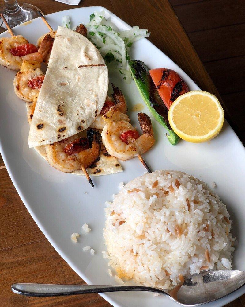 Shrimp Shish Kebab · Jumbo shrimp char-grilled, served with mixed greens and one side dish.