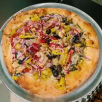 Antipasto Pizza · Pesto base, artichokes, garlic, roasted red peppers, black olives, red onions and pepperonci...