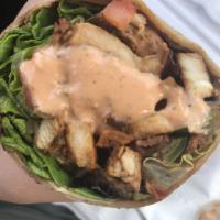 Grilled Chicken Mex Wrap · Grilled chicken, lettuce, turkey bacon, tomato, onions, green peppers and cilantro with Sant...
