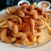 Fried Shrimp · Fried to Perfection! Served with Onion String, French Fries, & Coleslaw