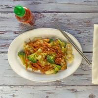 Chow Mein · Stir-fried wheat noodles with tofu, broccoli, cabbage and carrots.