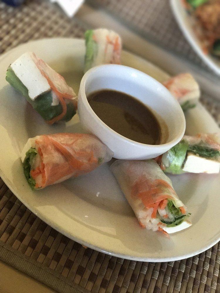 Summer Rolls · Sauteed jicama and carrots, tofu, and lettuce rolled in thin rice paper, served with peanut sauce. Soy Free and Gluten Free options available.