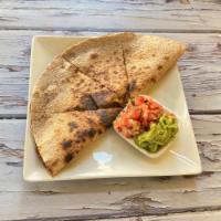 Quesadilla · Eggplant, zucchini, red bell pepper, and vegan cheese in a folded tortilla, served with guac...