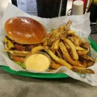 Cheeseburger · American cheese, lettuce, tomato and a kosher dill pickle. Handmade certified black Angus. S...