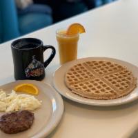 The 5 Star · Original Kings-X waffle, one egg any style, two strips bacon or sausage patty, choice of jui...