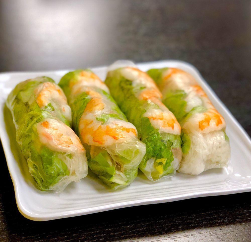 Classic Spring Rolls · Goi cuon. Shrimp and pork rolled with vermicelli noodles, mint, lettuce and cucumber served with peanut sauce.