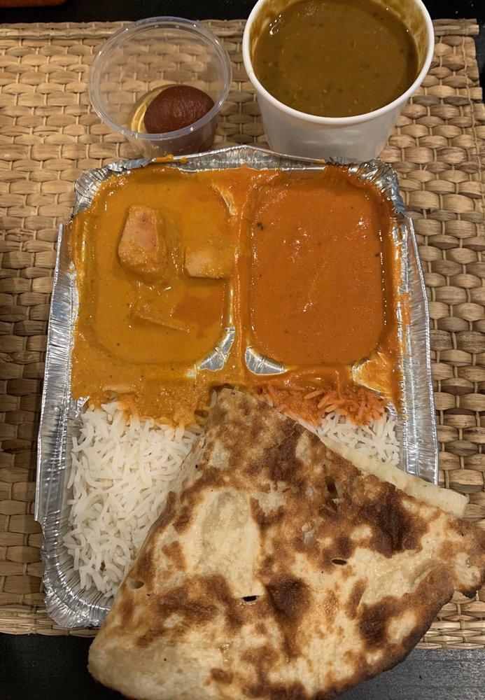 Veg Combo · Served with 2 veg curries, entree of the day, rice, naan and dessert of the day.