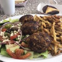 Chicken Patty Platter · 3 House ground chicken pattys served with a side greek salad with your choice of lemon rice ...