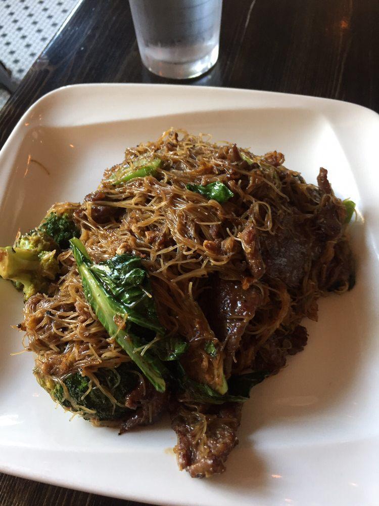 Black Noodles · Your choice of protein with rice vermicelli, egg, broccoli and asian broccoli in black soy sauce.