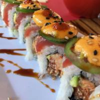 Flaming Ahi Roll · Spicy. Spicy tuna, lobster salad, avocado, topped with seared tuna, jalapeño, sesame seeds, ...