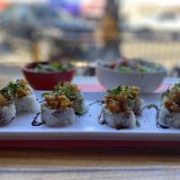 Dank Roll · Spicy. Spicy crab salad, avocado, cream cheese, topped with sweet and spicy shrimp tempura, ...