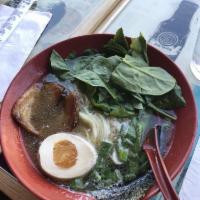 Hakata Tonkotsu Shoyu Ramen · Thin noodles, pork bone broth, pork belly, spinach, braised egg (soft-boiled), scallions, no...