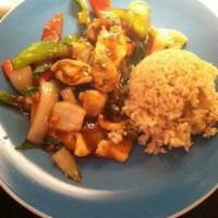 Basil Chicken · Served with steamed rice. Spicy. Chicken white meat sauteed with red & green peppers, brocco...