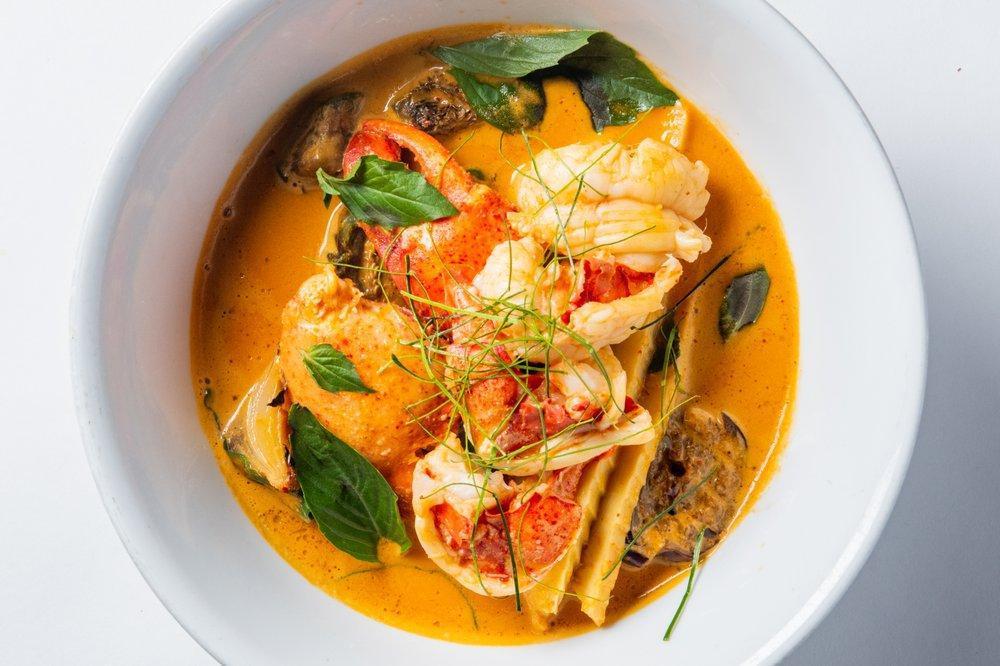 Lobster Curry · chu chee curry, charred red onion, japanese eggplant, thai apple eggplant, fresh bamboo shoots (gf, s)