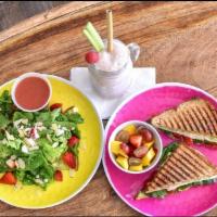 Strawberries Salad · Mixed greens, strawberries, feta cheese, almonds, cherry tomatoes and homemade strawberry vi...