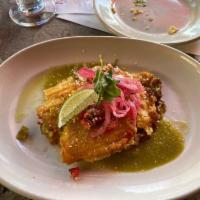 Green Chile Pork Fried Tamale Benedict · 