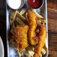 Fish and Chips · Alaskan cod, beer batter, fries and tartar sauce.