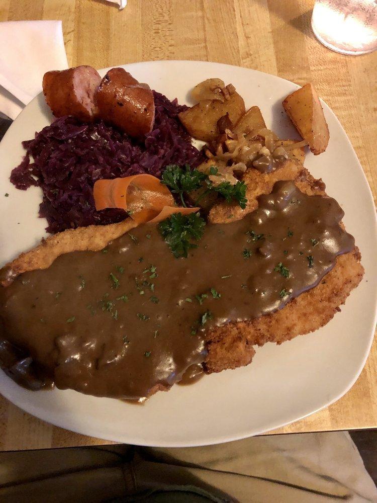 Jager Schnitzel · Breaded Pork Loin finished with Mushroom sauce. Soup of the day included.