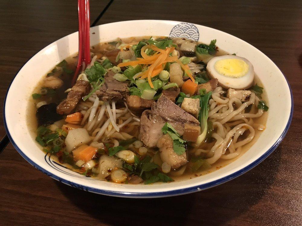 The V Bowl · This spicy vinegar-based broth has lots of flavor. It uses egg noodles with a few of our popular toppings.