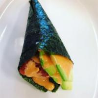 Spicy Tuna Hand Roll · Spicy tuna, avocado, sesame seeds, with spicy mayo. 