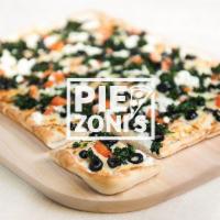 Mediterranean Pizza · White pizza (oil and garlic), olives, tomatoes, spinach and feta cheese.