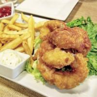 Fish and Chips · Beer battered fresh red snapper, fries, homemade coleslaw, and your choice of tartar or cock...