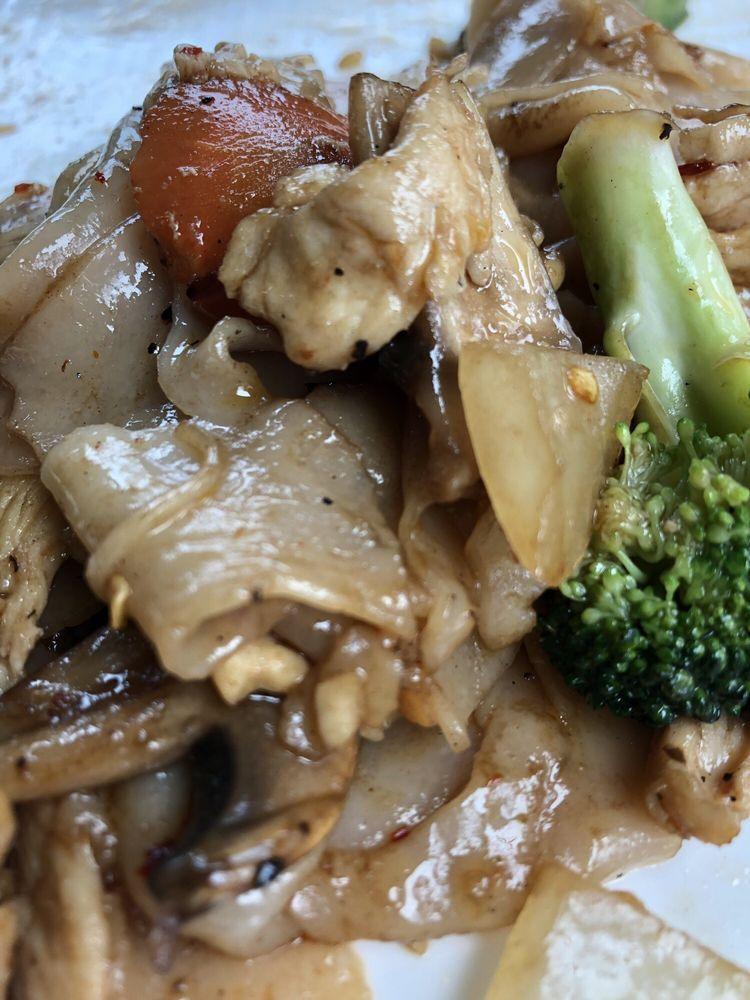 Drunken Noodles · Pad kee mao. Pan-fried wide rice noodles in chili sauce with basil, broccoli, mushrooms, bamboo shoots, baby corn, onions, bell peppers, carrots, and choice of meat.