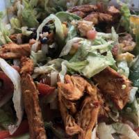 Chipotle Chicken Salad · Charbroiled chipotle chicken breast lettuce, cabbage, corn. Black beans, tomatoes, and avoca...