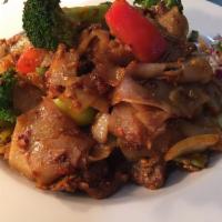 Pad Kee Mow · Drunken noodle. Flat noodles wok fried with chili, bell peppers, broccoli, tomatoes, basil l...
