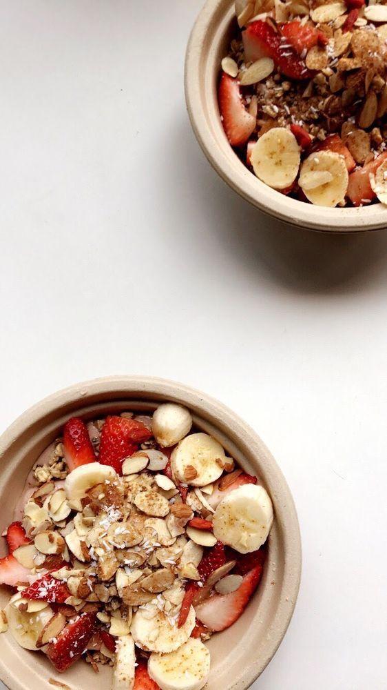 Bowl of the Gods · Peanut butter, acai, strawberries, vanilla lucuma protein, hemp milk, banana, almonds, goji berries, coconut flakes, Grizzlie's granola, cinnamon, and maple syrup drizzle. No Substitutions. 