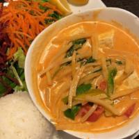 Red Curry · Your choice of protein in spicy red curry with bell pepper, bamboo shoot and fresh basil.