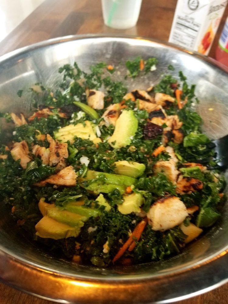 Chopped Kale Salad · Finely chopped kale, toasted pine nuts, currants, Parmesan and cucumber lemon vinaigrette.
